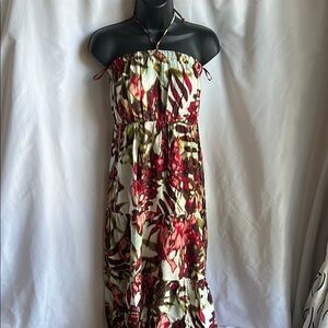 New York & Company Red and Cream Floral Strapless Maxi Dress
